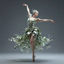 a highly detailed ethereal full body digital image of a elegantly posed dancing futuristic woman beautifully intertwined in realistic chrome leafy foliage dress liquid like leaves, full body shot, by Andrew Chiampo, artstation, and Frederik Heyman, extremely detailed woman, stunning volumetric lighting, hyper realism, fantasy, intricate detail, 4k,