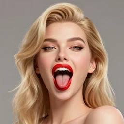 a 3 d render of a lusty blonde woman with lucious red lips opening her mouth and sticking out her tongue ue 4 photorealism artstation