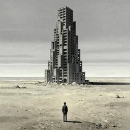 a desolate vast infinite landscape with a lonely looming brutalist tower of babel monolith in the center, drawn by tsutomu nihei and painted by zdzislaw beksinski