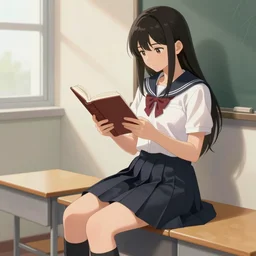 school girl reading a book, school uniform, seifuku, pleated miniskirt, overknee socks, battle angel alita. by rembrandt 1 6 6 7, illustration, by konstantin razumov