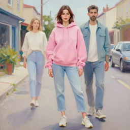 bella heathcote in the style of martine johanna and donato giancola, wearing a hoodie, standing in a township street, street fashion outfit,!! haute couture!!, full figure painting by john berkey, david choe, ismail inceoglu, pastel color palette, detailed impasto, 2 4 mm lens