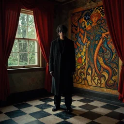 extremely detailed checkerboard movie shot closeup portrait of a dark bizarre figure standing in the corner of a checkerboard checkerboard room by denis villenueve, yves tanguy, lovecraft, roger dean, amano, mucha, tentacles, dynamic composition, rich moody colours, red drapes, window forest view, volumetric light