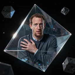 a terrified mark zuckerberg trapped in a space prism, hyperreal, artstation