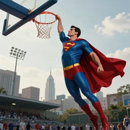 ultra realistic photograph of superman going for a dunk on a street basketball court, art by mark simonetti, 4 k, highly detailed, epic lighting