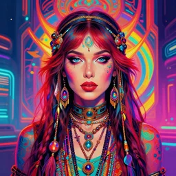 colorful portrait of a female hippie, set in the future 2 1 5 0 | highly detailed | very intricate | symmetrical | professional model | cinematic lighting | award - winning | painted by mandy jurgens and ross tran | pan futurism, dystopian, bold psychedelic colors, cyberpunk, groovy vibe, anime aesthestic | featured on artstation