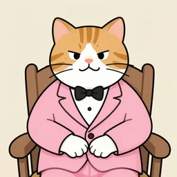 cartoon anthropomorphic cat male tabby, wearing a pink tux, sitting with hands folded on a chair with a smirk on his face.
