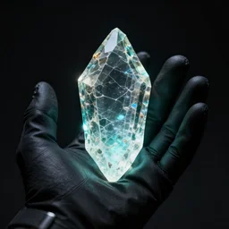 a glowing shard of kryptonite held in an open black - gloved hand, black background, highly detailed
