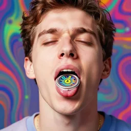 a colorfukl vibrant closeup portrait of a simple man licking a tab of LSD acid on his tongue and dreaming psychedelic hallucinations, by kawase hasui, moebius, Edward Hopper and James Gilleard, Zdzislaw Beksinski, Steven Outram colorful flat surreal design, hd, 8k, artstation