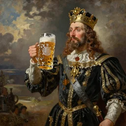 A detailed oil painting of a majestic emperor toasting with a large beer mug made of crystal engraved with a large coat of arms by John Parrot and Robert Lefevre