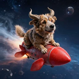 filthy dog with horns on a red rocket in space