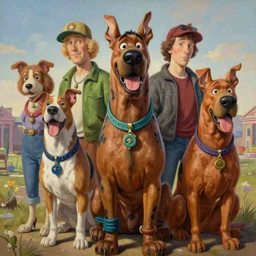 an ultra - realistic portrait painting of scooby and the gang in the style of alex ross. 4 k. ultra - realistic. highly detailed. epic lighting.