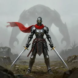 a matte painting, a helmeted female warrior, wearing battle worn bionic armor, wielding twin swords with a red scarf billowing behind her, a large monster in the mist, the forest plains of north yorkshire, good value control, concept art, digital painting, sharp focus, (((knight))), symmetrical, single character full body, 4k, illustration, glowing eyes, rule of thirds, centered, moody colors, moody lighting,