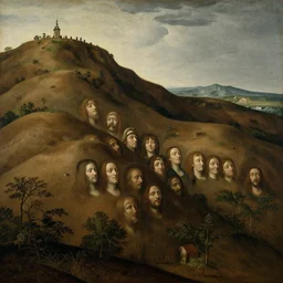 cinematic view of the hills of a thousand faces, painting by hieronymus bosch