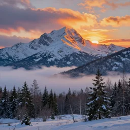 mountains, clouds, trees, sunset, beautiful nature, winter, hyperdetailed, focused, cinematic lighting, oil painting, colorful, canvas, artstation, Albert Bierstadt, Hans Dahl, Theodor Kittelsen, Hermann Hendrich, Konstantin Yakovlevich Kryzhitsky