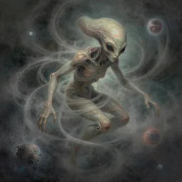 a shapeless extraterrestrial sassani made of space and time, weaving dust of predetermination and a state of utter confusion across the universe, muted colors, fantasy illustration, digital art