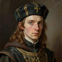 portrait painting of a nerdy man scribe wearing fancy medieval clothes and a cap, sharp focus, award - winning, trending on artstation, masterpiece, highly detailed, intricate. art by james ryman