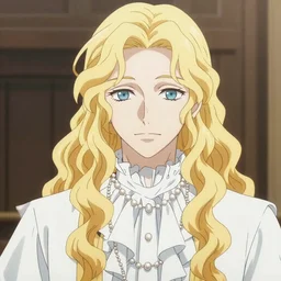 Close-up a pale blond prince wearing a poet shirt with many frills and pearls, by krenz cushart and makoto shinkai. Long curly light blond hair. Very very very pale white skin and golden blond hair. Accurately shaped. A very clean image.