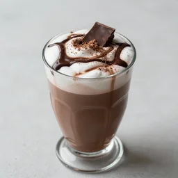 photograph of a hot chocolate drink in a glass, styled food photography, chocolate topping, photorealistic, 4 k, - n 9 - g