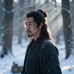 a man with a japanese long dark hair bun, in a snowy forest setting with ray lights, hard edges concept art, highly detailed, great cinematic lighting, depth of field, art by greg rutkowski, trending on artstation