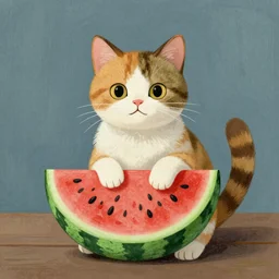 a calico cat with a watermelon smile, in the style of leonora carrington