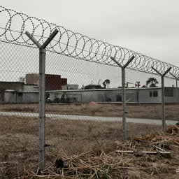 a photograph of a fenced in area with barbed wire on top of it, documentary, desaturated