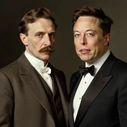 portrait of NIKOLA TESLA and ELON MUSK together in the style of Davinci
