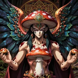 4K headshot of godlike mushroom with defined arms and open hands and bloody clothes with giant mandala wings , intricate face , flawless anime cel animation by Kentaro Miura, psychedelic , highly detailed upper body , professionally post-processed , beautiful, scary, symmetry accurate features, epic, octane rendered, anime masterpiece, accurate