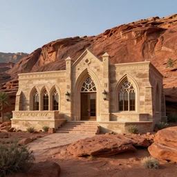 beautiful dwelling complex of sandstone, built in red rock canyon, a fusion of star wars and gothic revival architecture, natural volumetric lighting, realistic high detail 4 k render