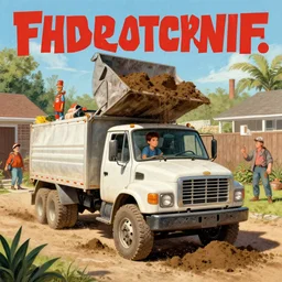 cover art, poster of a boy driving a truck that is dumping dirt in a backyard, by bruce pennington, and tim hildebrandt and greg rutkowski and artgerm