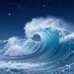 exuberant large cresting waves, maximum waves, masterpiece, deep sky, many sparkling stars, evoke a sense of wonder, pronounced waves, kilian eng, flat, ohara koson, overlay rich vivid aizome textile textures. paint spatters by thomas kinkade.