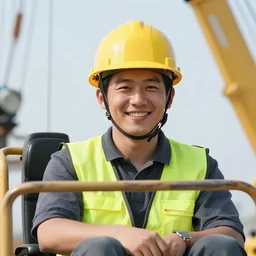 closeup portrait of cheerful bryan operating a crane, sitting in a crane, yellow hardhat, sitting in a crane, natural light, bloom, detailed face, magazine, press, photo, steve mccurry, david lazar, canon, nikon, focus