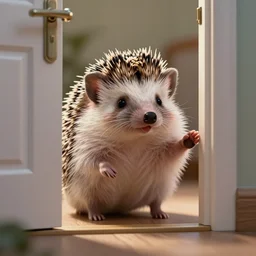 cute adorable hedgehog opening the door, shy hedgehog, blushing, waving, smiling, cute, hedgehog, by cyril rolando
