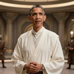 a highly detailed photorealistic picture of barak obama in the jedi temple, unreal engine, epic, scene, cinematic