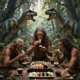 neanderthal people eating sushi, surrounded by dinosaurs, gigantic forest trees