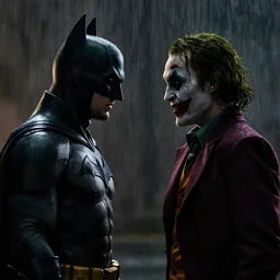 batman and the joker facing each other in the rain, profile, silhouetted, rim light, dark