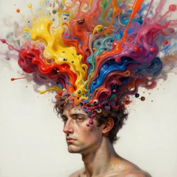 a man's head explodes into psychedelic viscera, masterpiece digital painting by Rembrandt, Michelangelo, Moebius, Junji Ito, 4k wallpaper