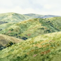 hills at noon, high quality watercolors, award winning, trending on artstation