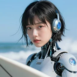 young cybernetic michelle yaoh, surfing close up fantasy, photorealistic