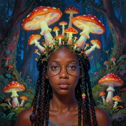 a brown woman with dreads and glasses with mushrooms growing out of her head, fluorescent mushrooms, blooming forest. highly detailed fantasy, psychedelic painting by moebius, norman rockwell, frank frazetta, and syd mead. rich colors, high contrast. artstation
