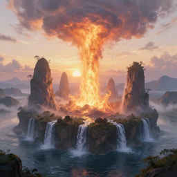 island surrounded by waterfalls, sun setting, ross tran, nephilim, pyroclastic flow, ethereal, fantasy, james jean, oozium, peter morbacher angelarium alchemy luxury heavenly light soft illumination, trending on artstation, cinematic lighting, digital painting, octane render, artgerm