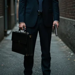 a photo of a man in a suit with a briefcase, in a dark alley, with a gun in his hand