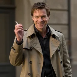 photorealistic film still of paul blackthorne as harry dresden posing as a charismatic smiling thief, with a light brown trench coat and a cigarette, in dresden files movie, super detailed, hd