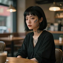 woman sitting in a cafe in China, artwork by guweiz, short black hair, freckles, face tattoos, futuristic, cyberpunk face mods, sigma 85mm f/1.4, 4k, depth of field, unreal engine, stylized
