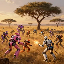 pink, orange, purple, shields, flashes, white metal and black plastic robot wildlife, wires and lights, herds fighting, african plains, long grass, futuristic robot organisms, digital matt painting, fantasy art, another world, acacia trees, dramatic lighting, cinematic, anamorphic, golden hour, solarpunk