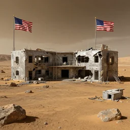 abandoned research facility on mars, destroyed infrastructures, american flag, hyperdetailed, artstation, cgsociety, 8 k