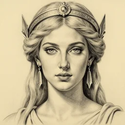 pencil drawing of a beautiful greek goddess aphrodite wearing a greek goddess headpiece and arrowhead earrings, beautiful piercing eyes with sexy look, beautiful blonde hair, hyper realistic face, in the style of greg rutkowski, fantasy, amazing detail, epic, elegant, smooth, sharp focus, from the front