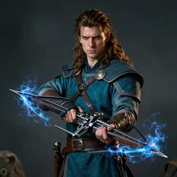 Arrogant half elf ranger with shaggy brown hair and a teal tunic holding a magical crossbow emanating blue energy, fantasy art, portrait, cinematic lighting
