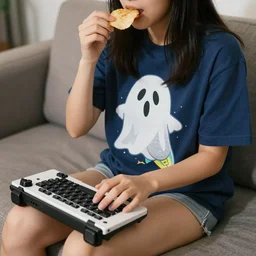 a woman with the torso of a human and the body of a fish, wearing a shirt that has a cartoon ghost design on it, playing a video game on a couch and eating chips