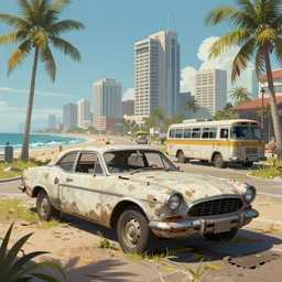 fallout 5, tropical coastal city, desolate, dilapidated, abandoned retro futuristic vintage car and truck, buses, illustration, perfectly shaded, oft painting, art by krenz cushart and wenjun lin