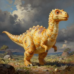 eggroll iguanodon, eggroll dinosaur, iguanodon made of eggroll, eggronodon, painting by james gurney